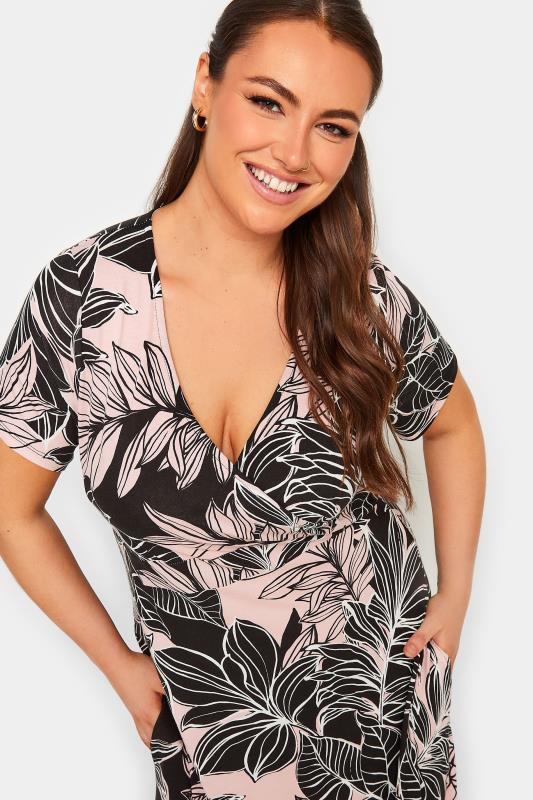 YOURS Curve Black & Pink Leaf Print  Midaxi Wrap Dress | Yours Clothing  4