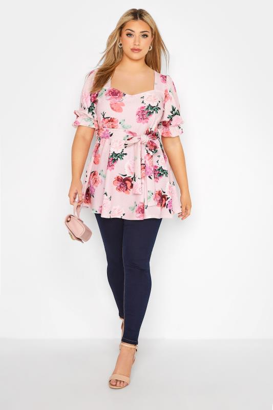YOURS LONDON Curve Pink Floral Puff Sleeve Peplum Top_B.jpg