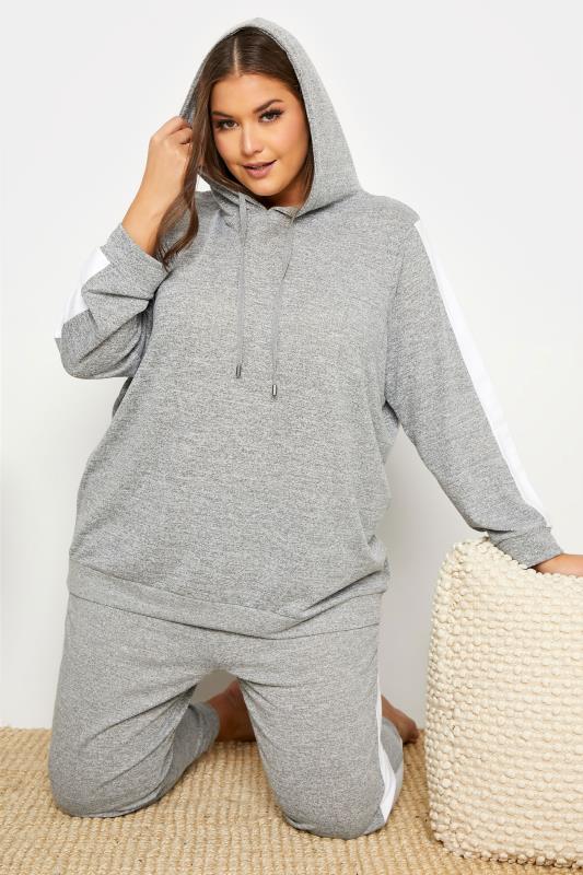 Plus Size  Curve Grey Stripe Hooded Lounge Top