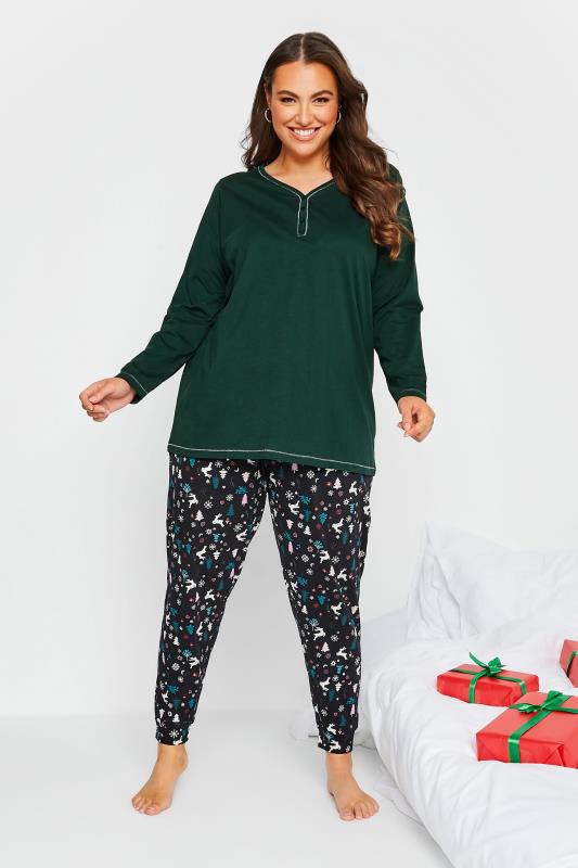 Curve Plus Size Black Christmas Print Cuffed Pyjama Bottoms | Yours Clothing 2