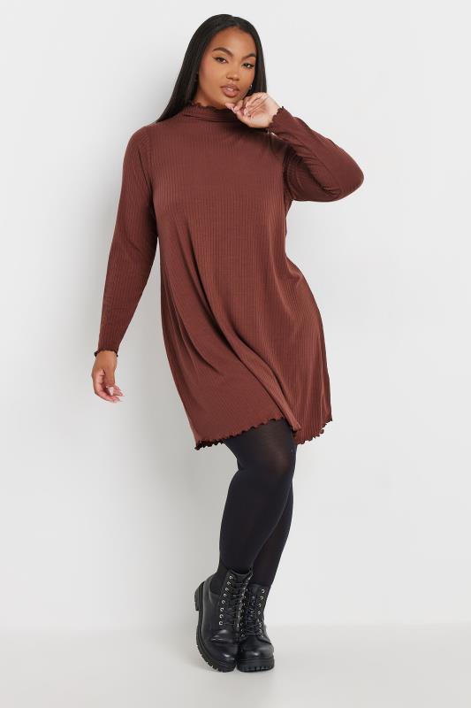 YOURS Plus Size Rust Orange Long Sleeve Lettuce Edge Tunic Dress | Yours Clothing 2