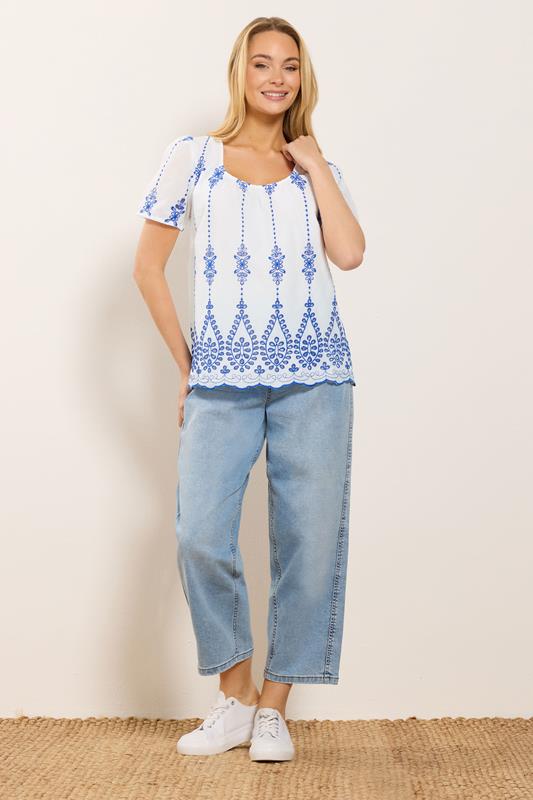 M&Co White & Blue Floral Broderie Cotton Short Sleeve Top | M&Co 1