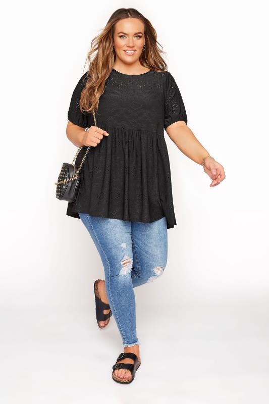 Black Embroidered Puff Sleeve Peplum Top | Yours Clothing 2