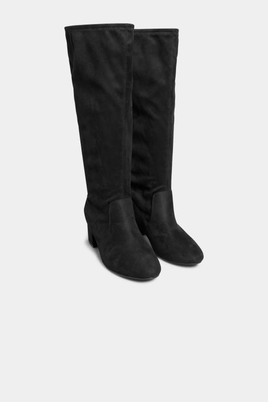 Black Faux Suede Stretch Heeled Knee High Boots In Wide E Fit & Extra Wide EEE Fit 2