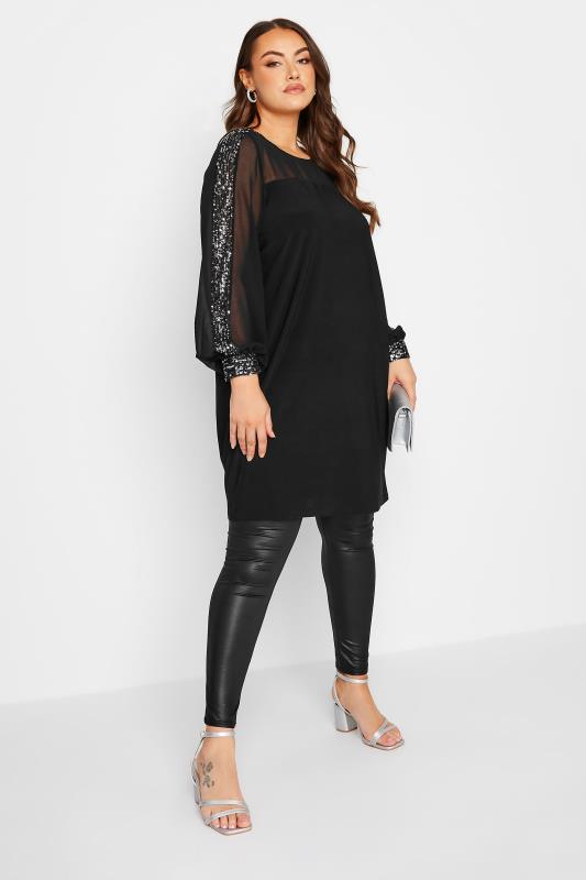 YOURS LONDON Plus Size Curve Black Long Sleeve Sequin Tunic Top | Yours Clothing 2
