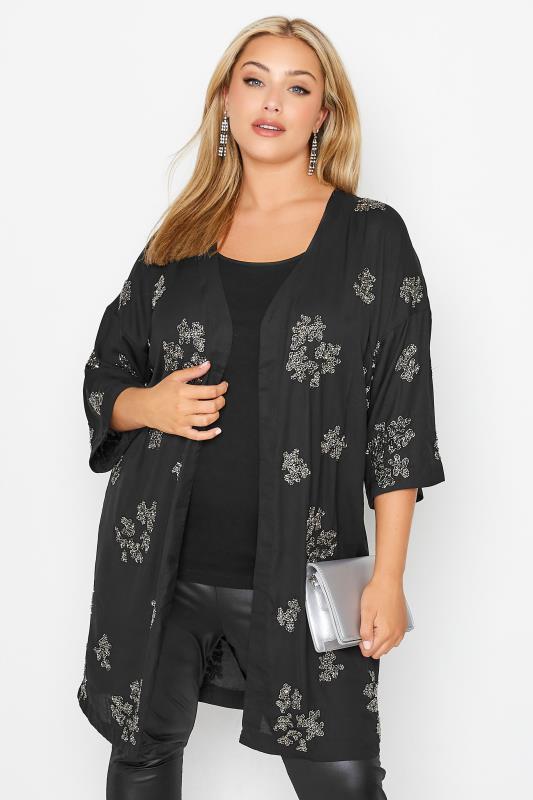  Grande Taille LUXE Black Hand Embellished Kimono