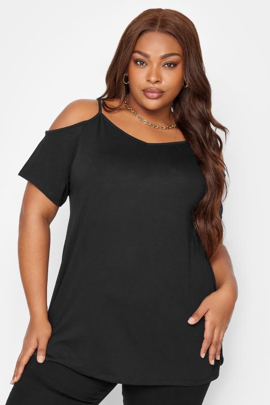 YOURS Curve Plus Size 2 PACK Black & Khaki Green Cold Shoulder T-Shirts | Yours Clothing  3