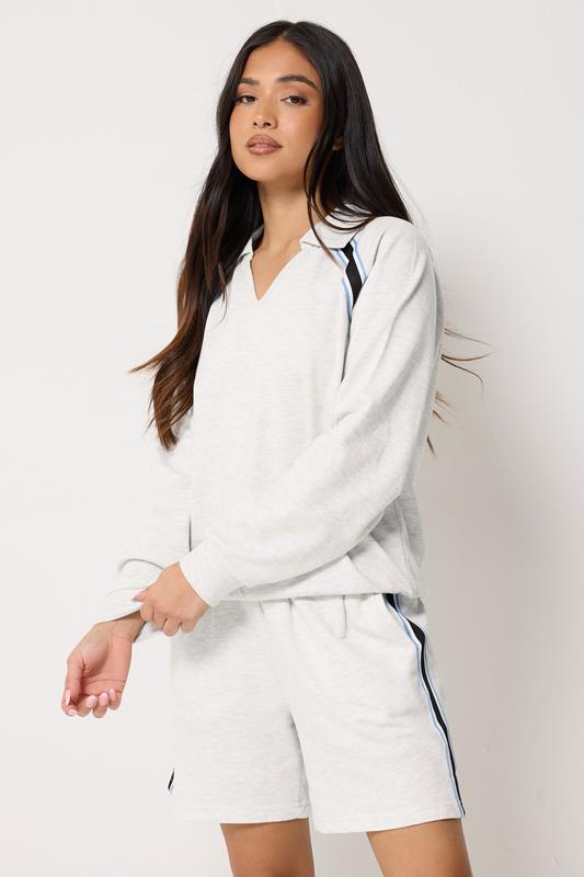 PixieGirl Petite Women's Set Grey Marl Stripe Collar Sweatshirt & Shorts | PixieGirl 2