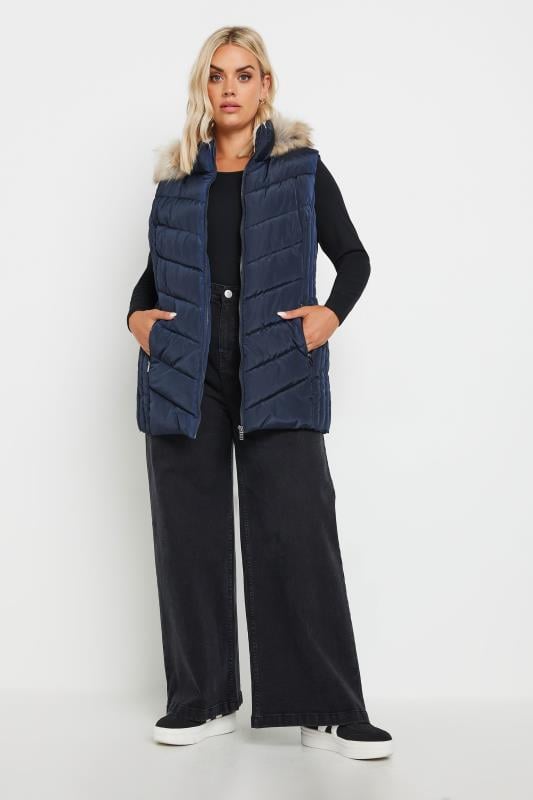 YOURS Plus Size Navy Blue Faux Fur Trim Padded Gilet | Yours Clothing 3