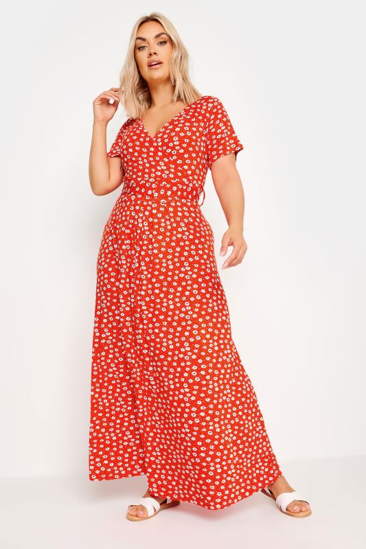 Plus Size  YOURS Curve Orange Ditsy Floral Print Maxi Wrap Dress