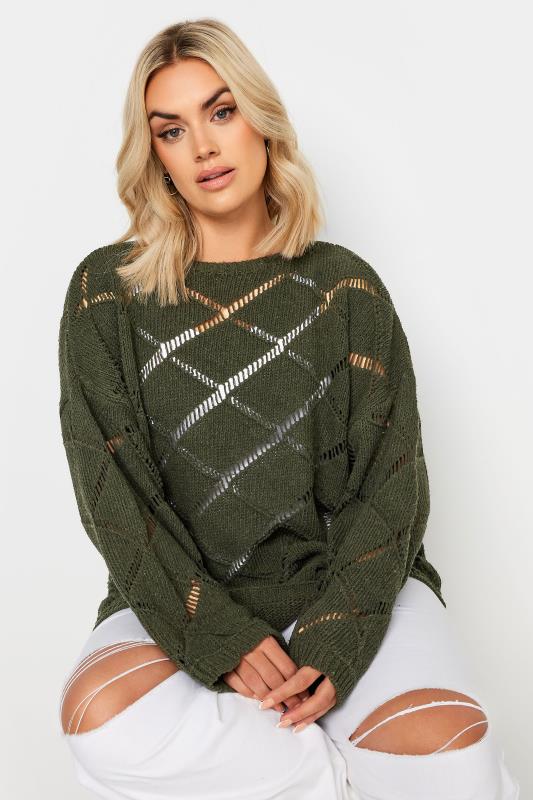 YOURS Plus Size Khaki Green Ladder Stitch Jumper | Yours Clothing  4