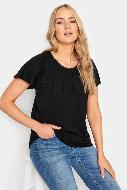 LTS Tall Women's Black Crochet Detail Raglan T-Shirt | Long Tall Sally 1