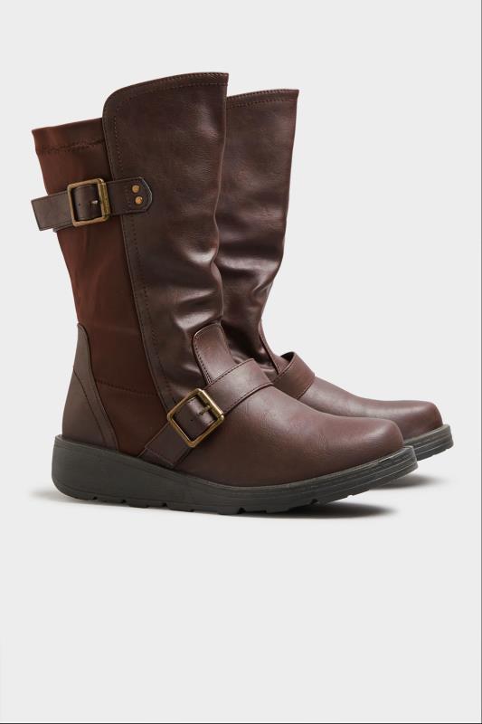Großen Größen  Brown Faux Leather Wedge Buckle Boots In Extra Wide EEE Fit