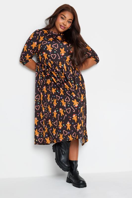 LIMITED COLLECTION Plus Size Black Gingerbread Print Christmas Smock Dress | Yours Clothing  1
