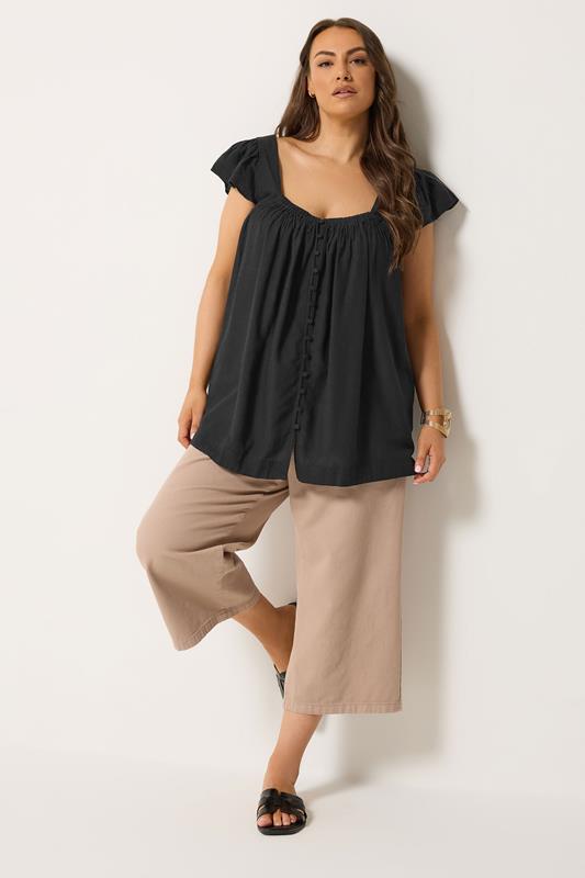YOURS Plus Size Black Linen Cap Sleeve Top | Yours Clothing 1