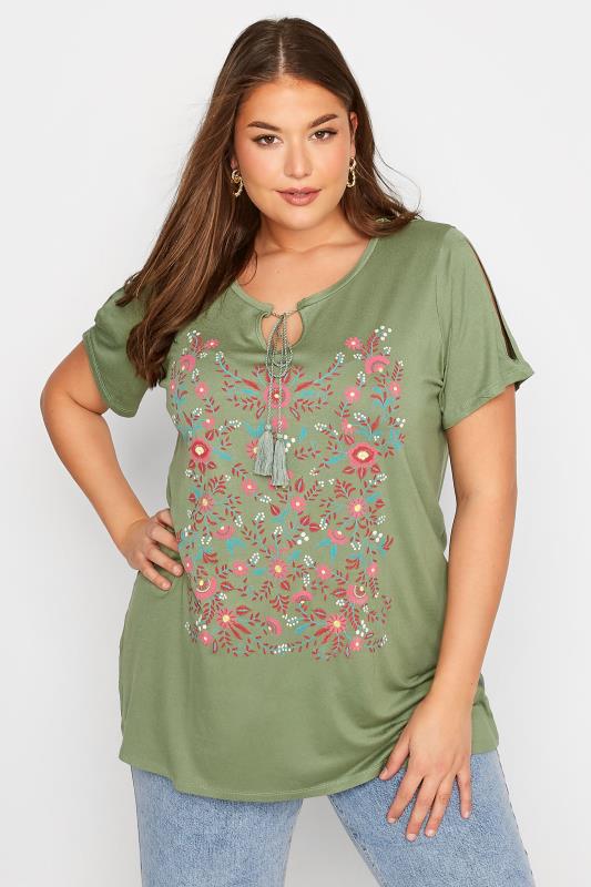 Plus Size  Curve Khaki Green Floral Print Tie Neck T-Shirt