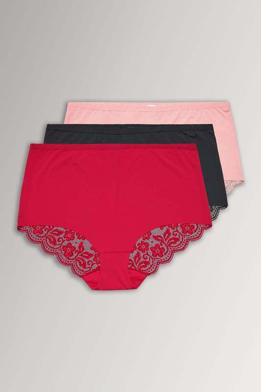  Set van drie paar tailleslips met bloemenkant aan de achterkant in rood/zwart