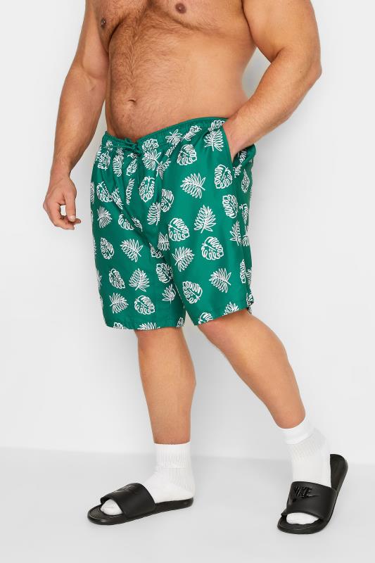  BadRhino Big & Tall Dark Green Leaf Print Swim Shorts