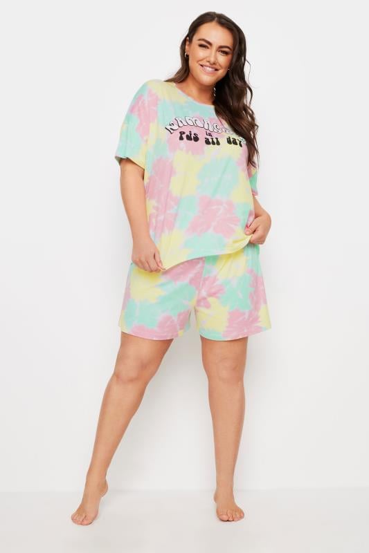 YOURS Plus Size Yellow Tie-Dye 'Namastay' Slogan Pyjama Set | Yours Clothing 2