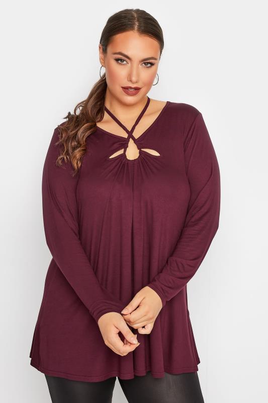 LIMITED COLLECTION Plus Size Plum Purple Keyhole Tie Long Sleeve Top | Yours Clothing  1