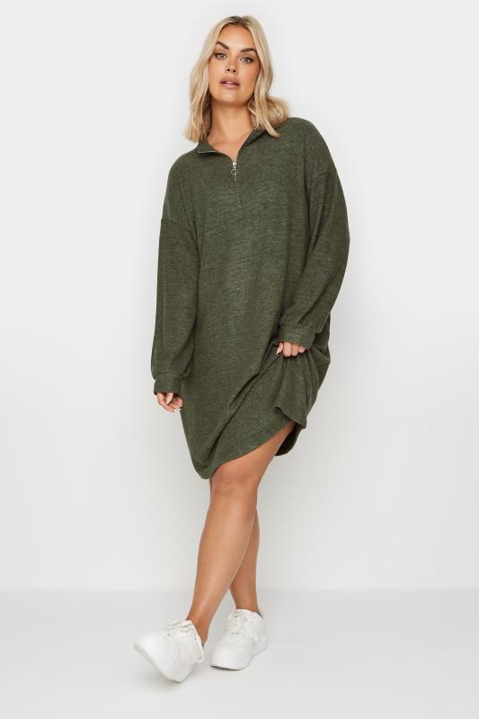 YOURS Plus Size Green Soft Touch Zip Neck Jumper Dress | Yours Clothing 1