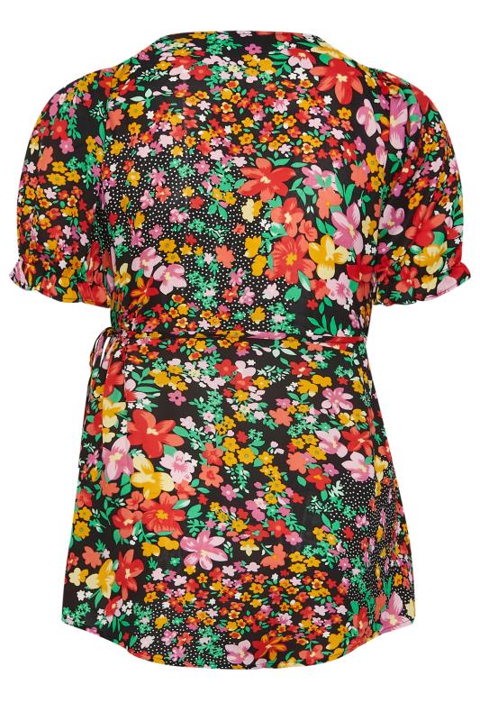 YOURS Plus Size Black Floral Patchwork Print Wrap Top | Yours Clothing 8