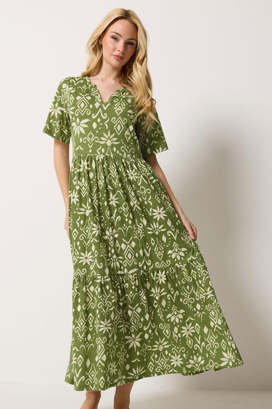  M&Co Green Abstract Print Cotton Notch Neck Dress