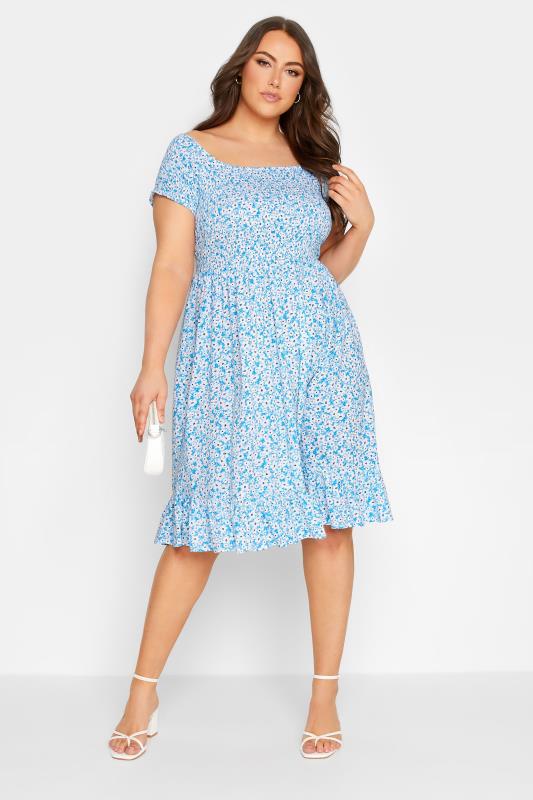 Plus Size  YOURS Curve Blue Ditsy Floral Bardot Midi Dress