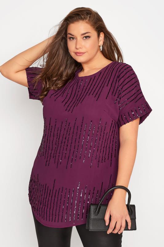  dla puszystych LUXE Curve Purple Sequin Hand Embellished Top