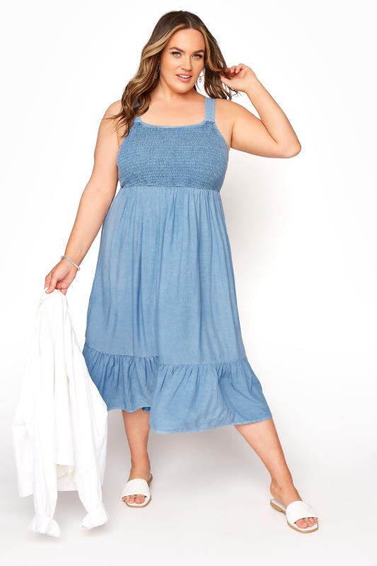 Blue Acid Wash Sleeveless Shirred Dress | Yours Clothing