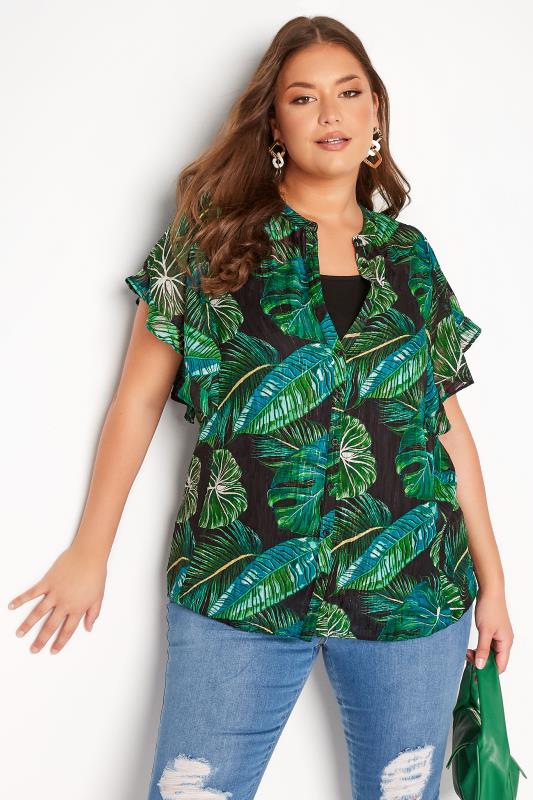 Plus Size Black & Green Leaf Print Frill Sleeve Shirt | Yours Clothing 1