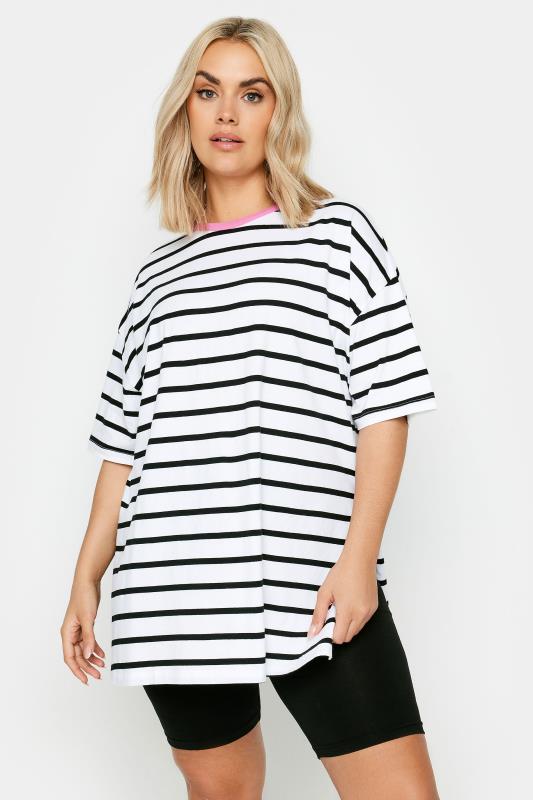 Plus Size  YOURS Curve Black & White Stripe Split Hem Oversized T-Shirt