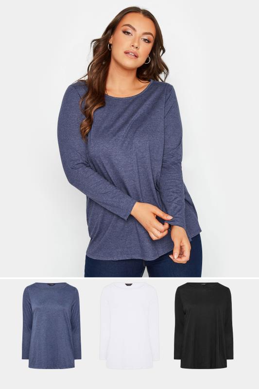 3 PACK Plus Size Black & Blue Long Sleeve Tops | Yours Clothing  1