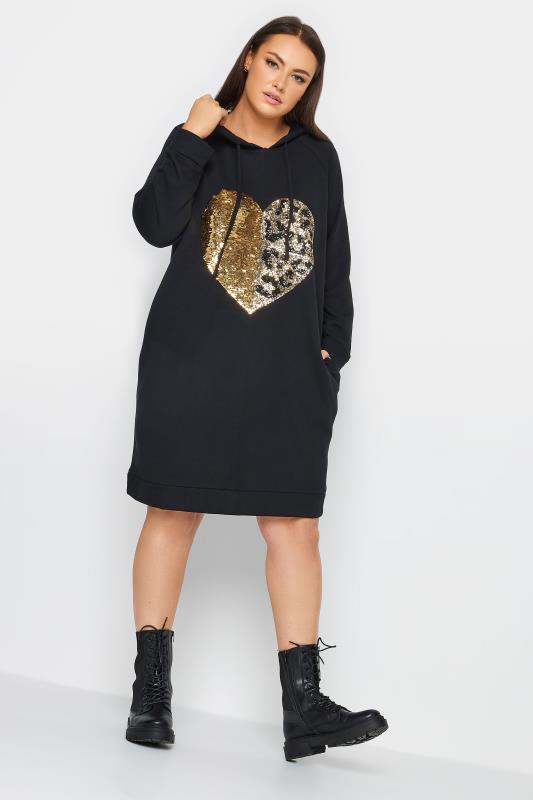 YOURS Curve Plus Size Black Sequin Heart Midi Hoodie Dress | Yours Clothing  1