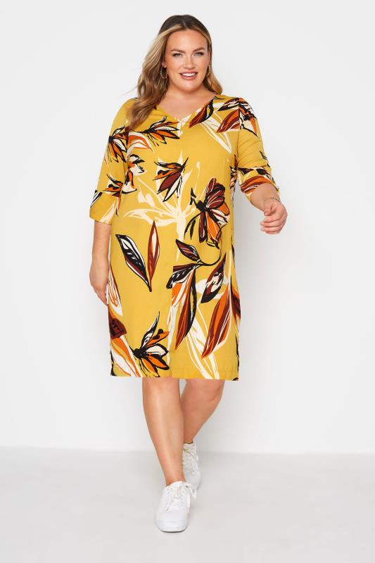 Plus Size  Mustard Yellow Floral V-Neck Shift Dress