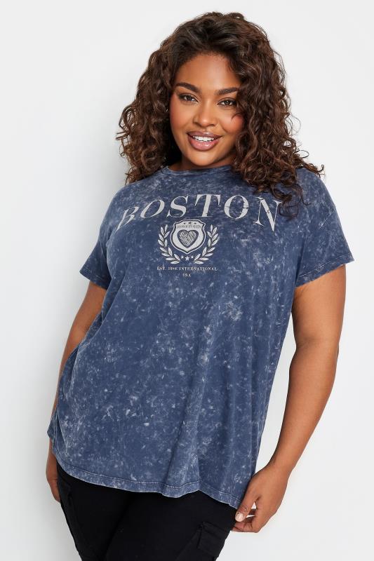  YOURS Curve Navy Blue 'Boston' Slogan Acid Wash T-Shirt
