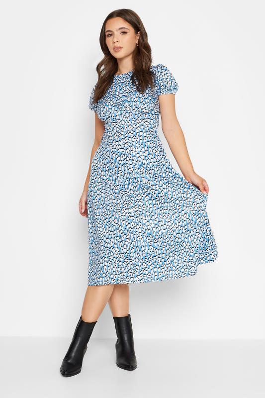 Petite Blue & White Animal Print Midi Dress | PixieGirl 1