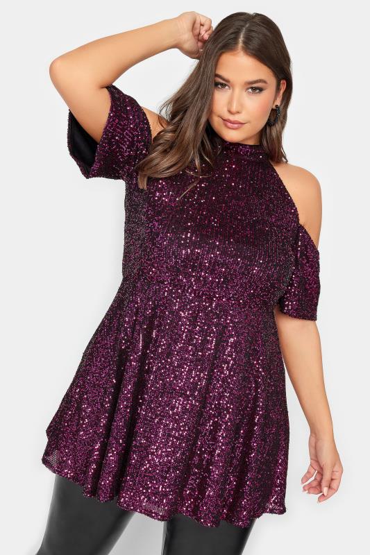 YOURS LONDON Plus Size Pink Sequin Choker Cold Shoulder Top | Yours Clothing 2
