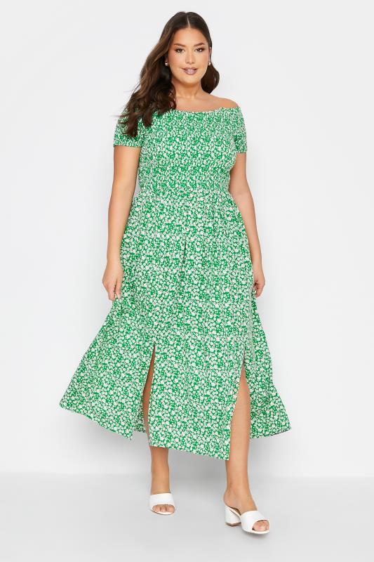  Grande Taille Curve Green Floral Shirred Bardot Maxi Dress