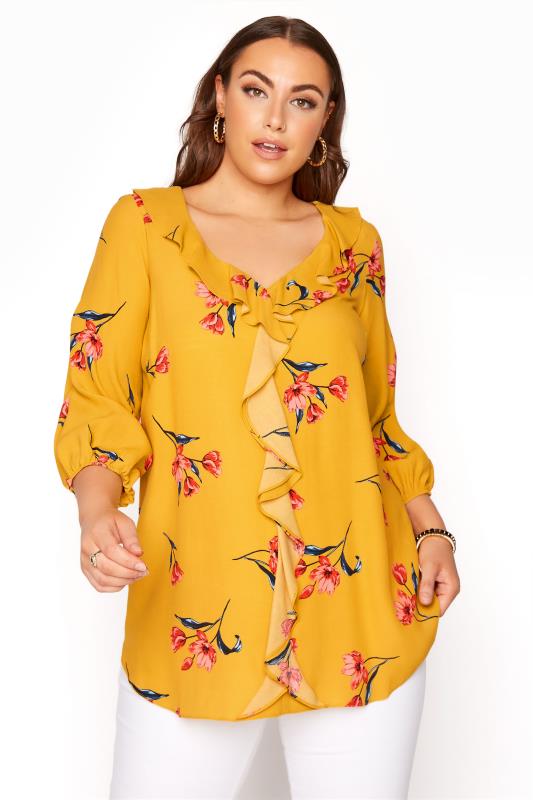 Yellow Floral Print Ruffle Balloon Sleeve Blouse | Yours Clothing