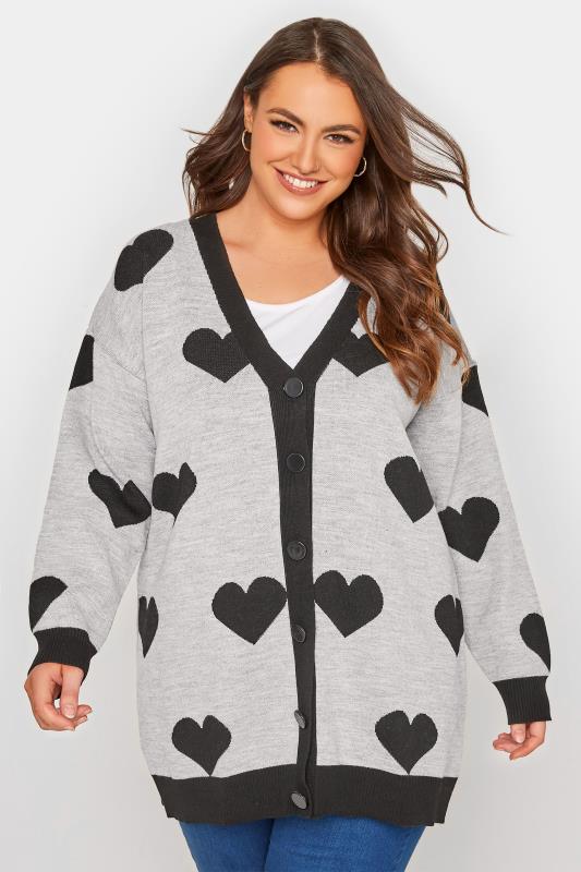 Plus Size Curve Grey & Black Heart Print Knitted Cardigan | Yours Clothing  2