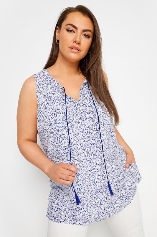 YOURS Plus Size Blue Tie Neck Sleeveless Blouse | Yours Clothing 1