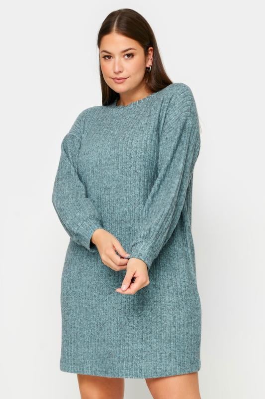 YOURS Plus Size Blue Soft Touch Ribbed Jumper Dress | Yours Clothing 1