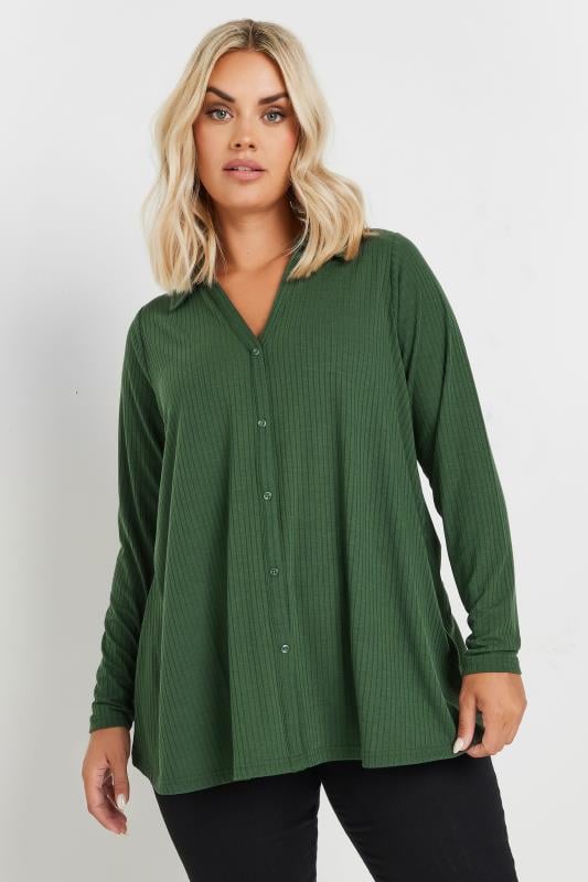 YOURS Plus Size Forest Green Ribbed Collared Top | Yours Clothing  1