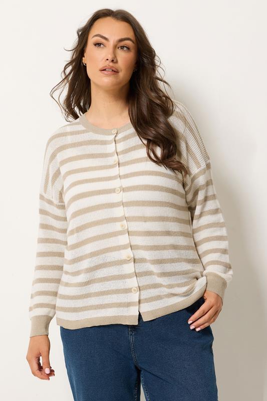 YOURS Plus Size Natural Brown Stripe Knitted Cardigan | Yours Clothing 1