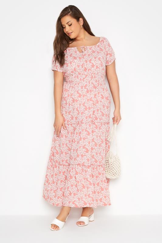 Plus Size Pink Floral Bardot Maxi Dress | Yours Clothing 1