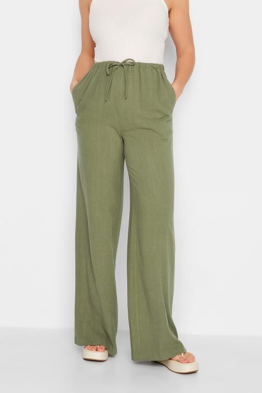LTS Tall Women's Khaki Green Wide Leg Linen Trousers | Long Tall Sally 1