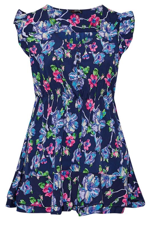 Curve Navy Blue Floral Print Frill Sleeve Smock Top 6