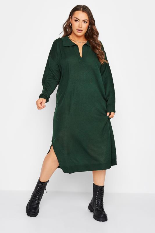 Plus Size Forest Green Open Collar Knitted Jumper Dress | Yours Clothing 1