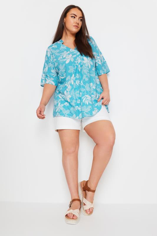 YOURS Plus Size Aqua Blue Floral Print Pleat Front Blouse | Yours Clothing 2
